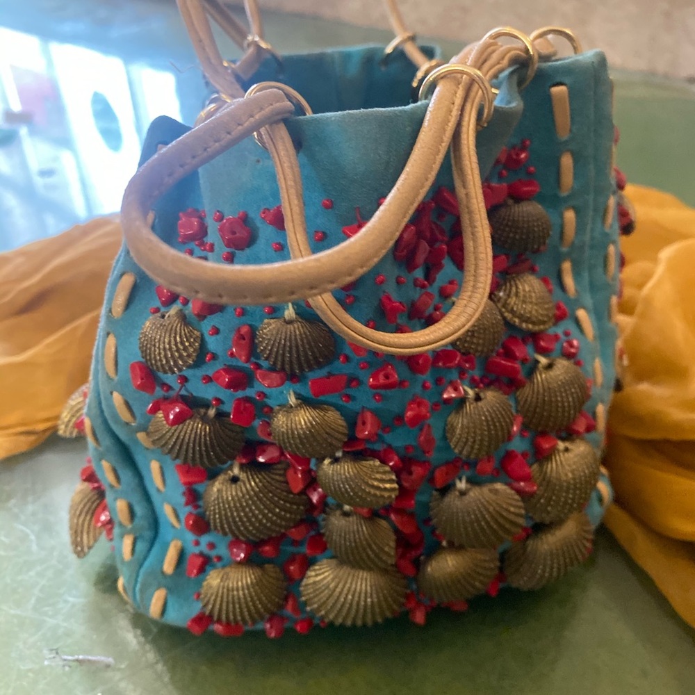 OSCAR DE LA RENTA SUEDE VELVETY LEATHER VNTG JEWELED DRAWSTRING Bag RARE FLAWED - Picture 3 of 13